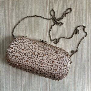Women’s Rose Gold Rhinestone Clutch with Chain Strap – Fair Condition